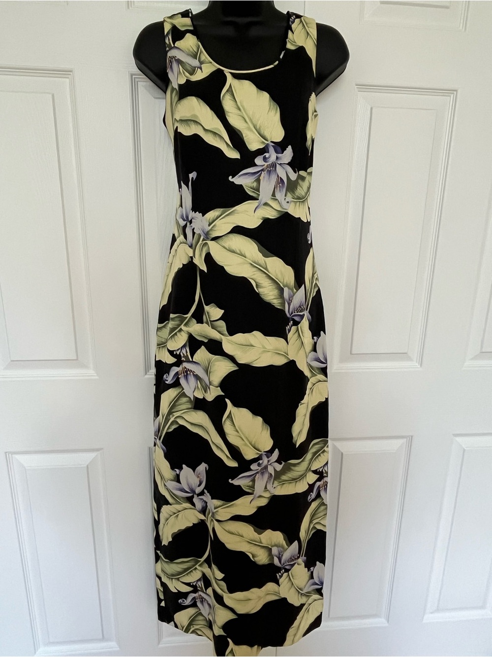Tommy Bahama Black Maxi Dress with Green Leaf and Lavender Floral Accents